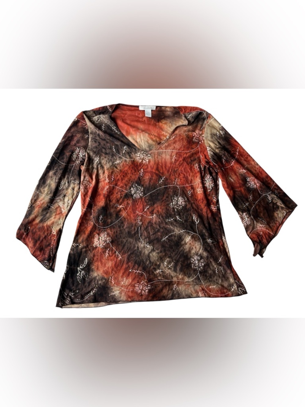 VINTAGE 90S DRESS BARN TIE DYE BROWN & ORANGE 3/4 FLARE SLEEVE  LARGE SPANDEX